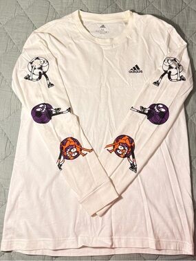 adidas White Long-Sleeve Tee with Purple & Orange Soccer Ball Graphics